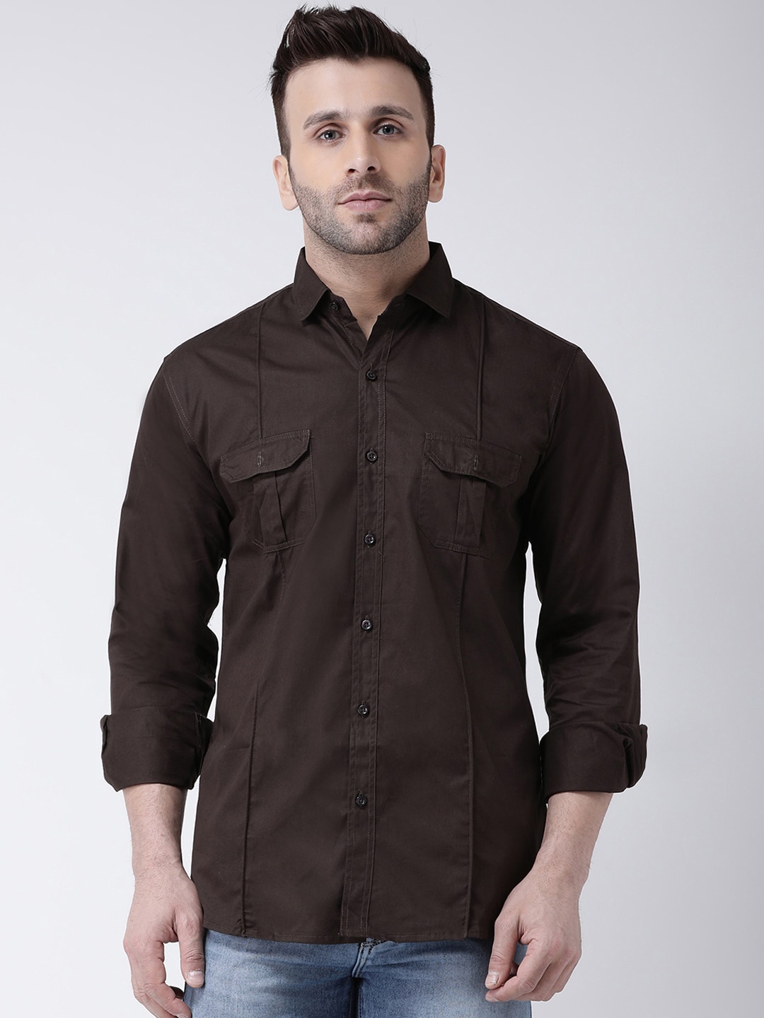 

Hangup Spread Collar Cotton Slim Fit Casual Shirt, Brown