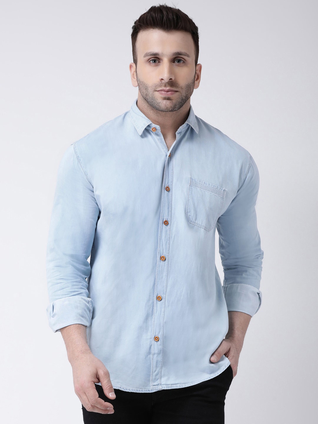 

Hangup Spread Collar Denim Slim Fit Casual Shirt, Blue