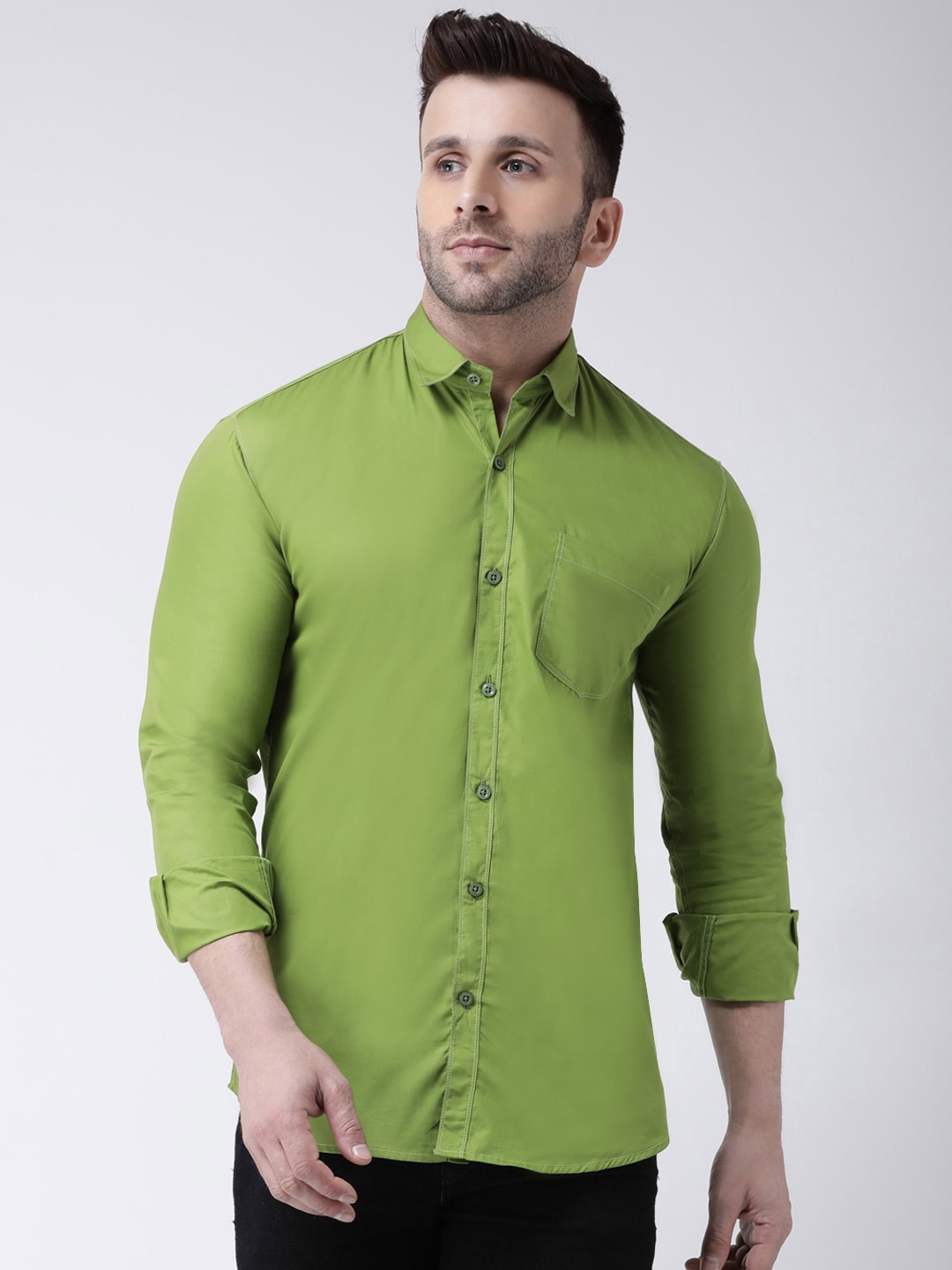 

Hangup Spread Collar Cotton Slim Fit Casual Shirt, Green