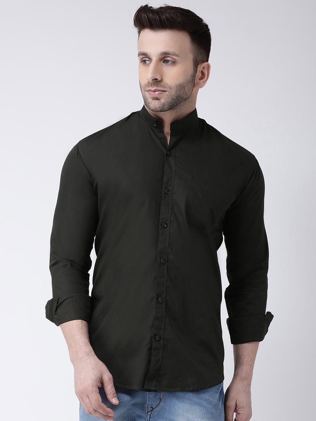 

Hangup Mandarin Collar Cotton Slim Fit Casual Shirt, Olive