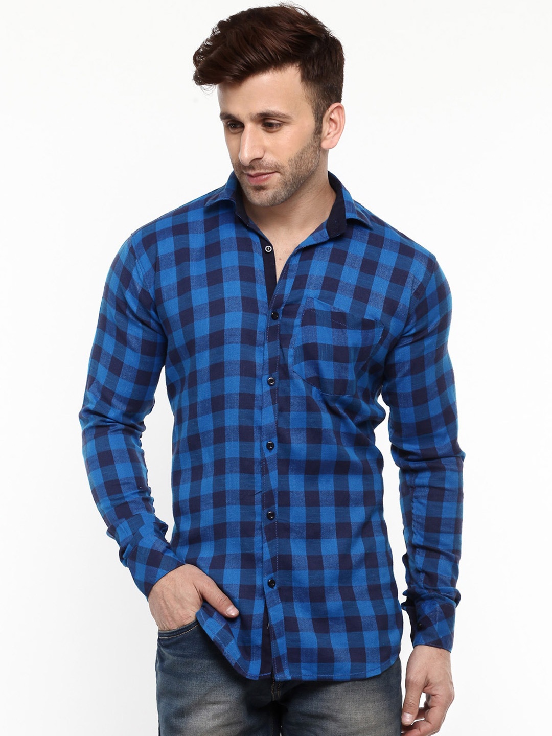 

Hangup Checked Cotton Slim Fit Casual Shirt, Blue