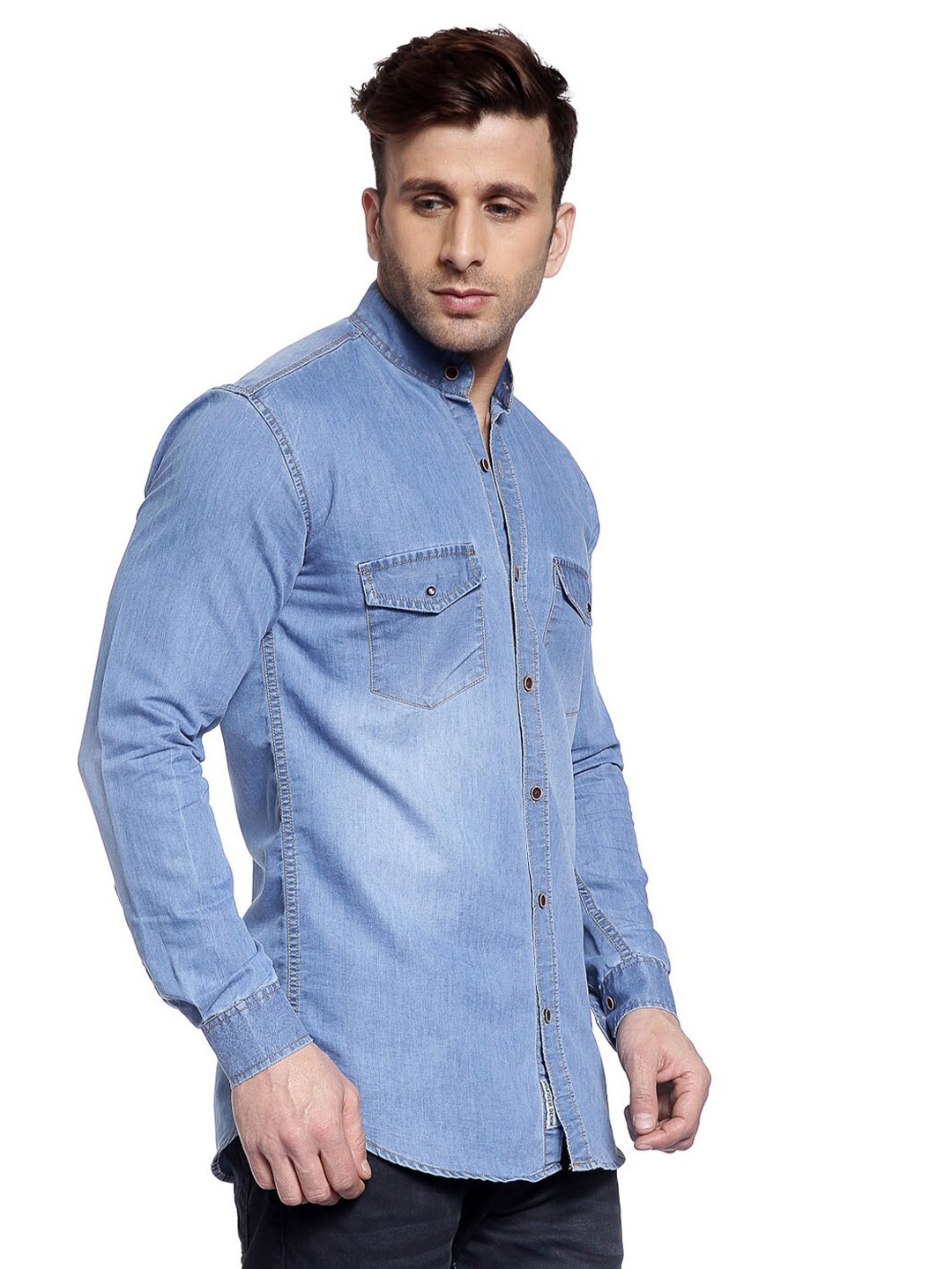 

Hangup Faded Mandarin Collar Denim Slim Fit Casual Shirt, Blue