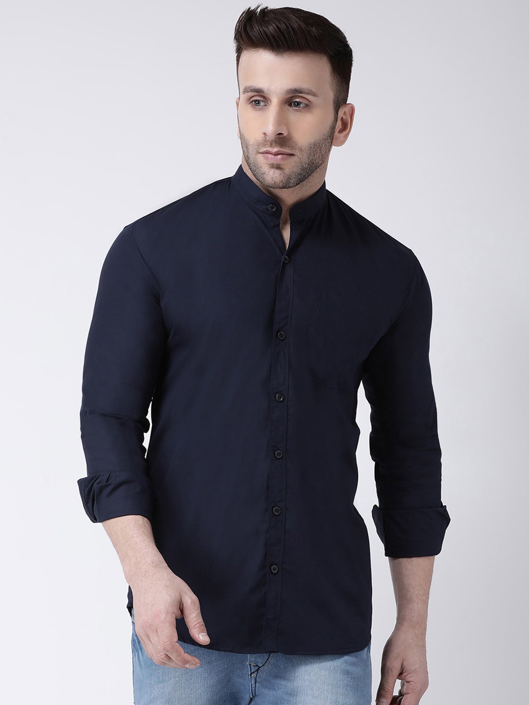 

Hangup Mandarin Collar Slim Fit Cotton Casual Shirt, Navy blue