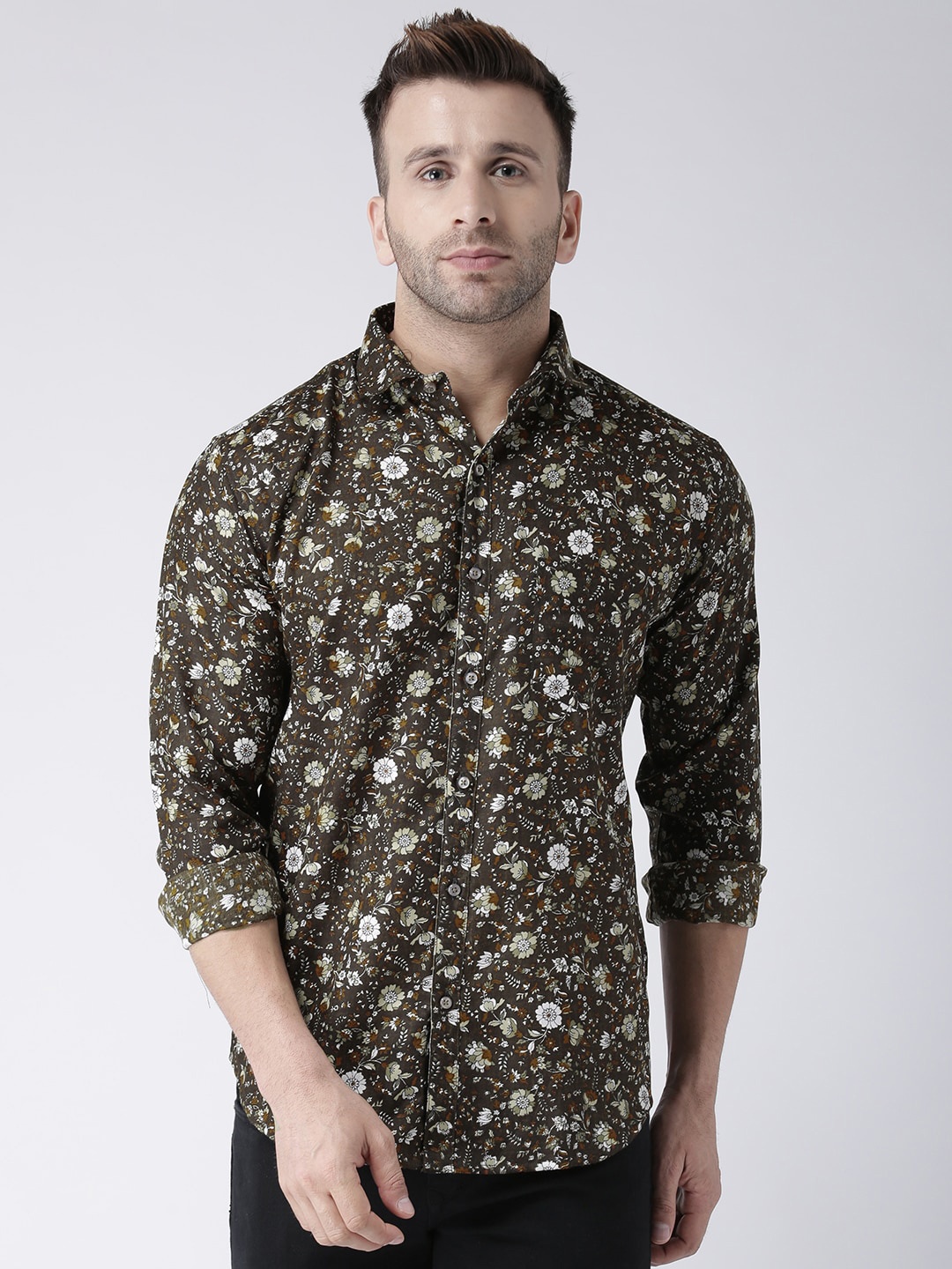 

hangup plus Long Sleeves Patch Pocket Slim Fit Floral Printed Casual Shirt, Brown