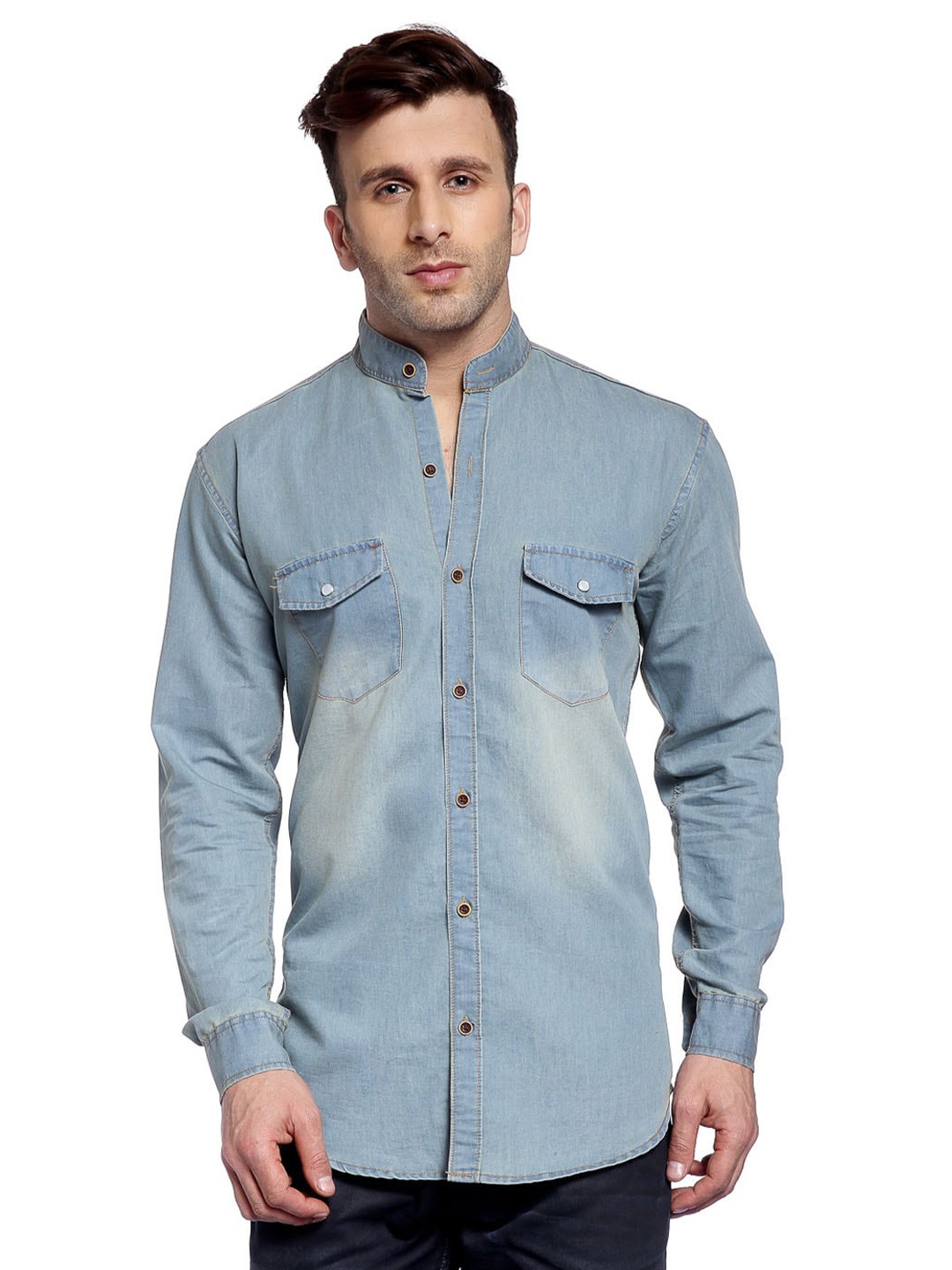 

hangup plus Slim Fit Faded Band Collar Casual Denim Shirt, Blue