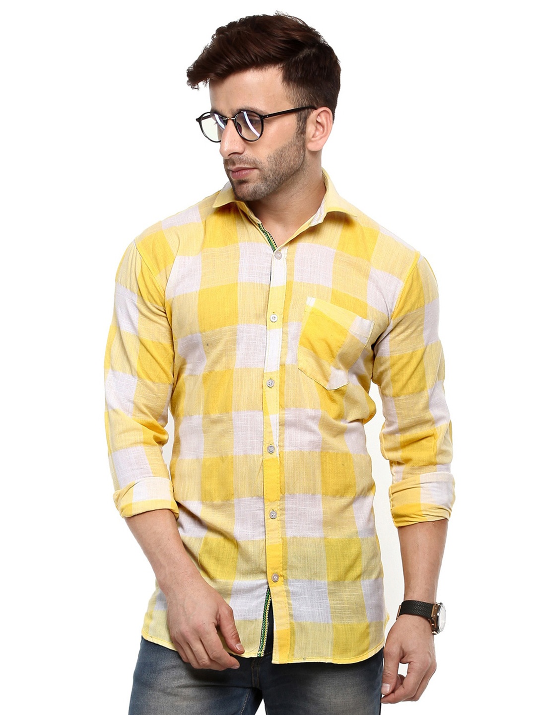 

hangup plus Slim Fit Checked Casual Cotton Shirt, Yellow