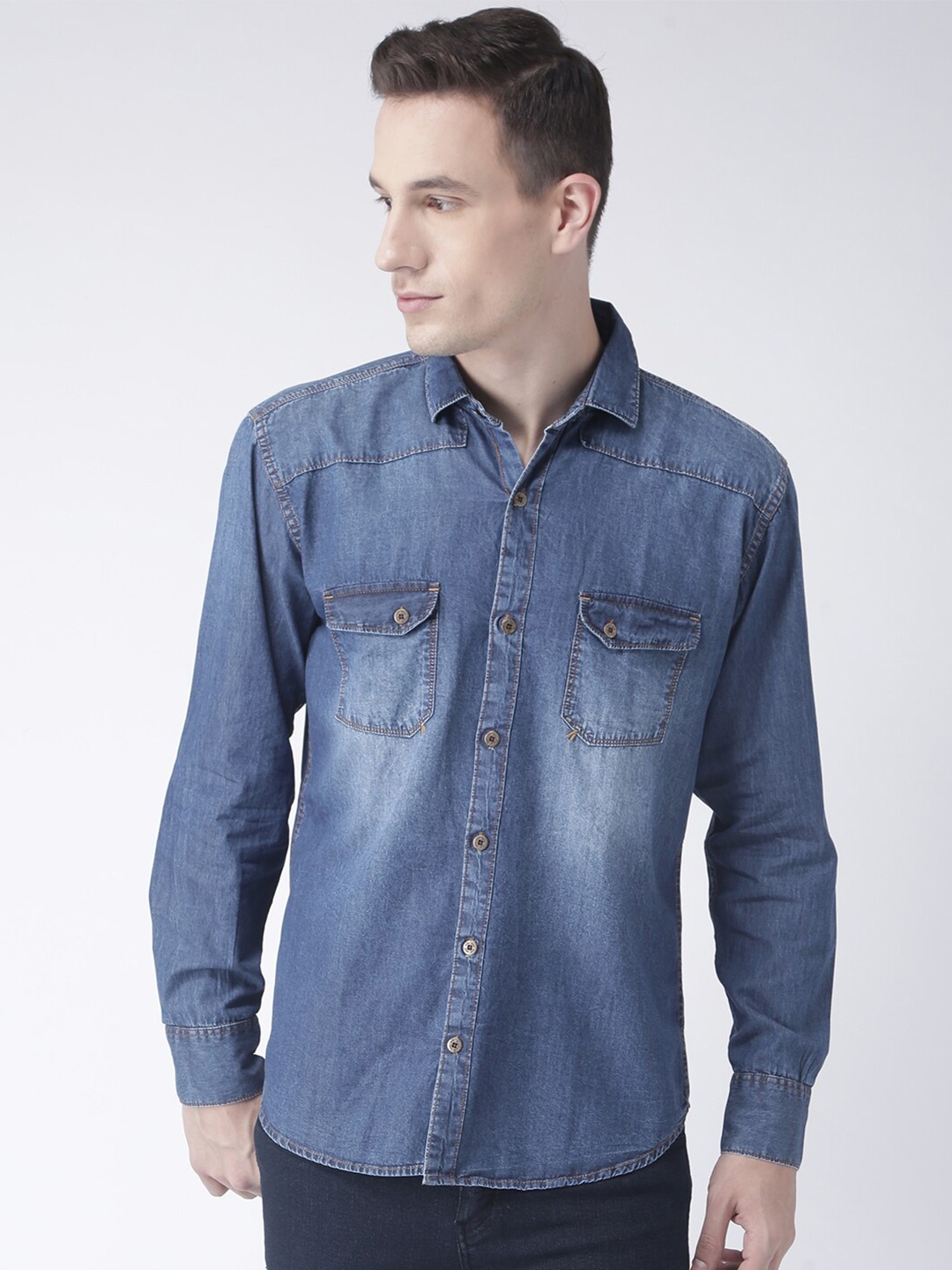

hangup plus Slim Fit Faded Cotton Denim Casual Shirt, Blue