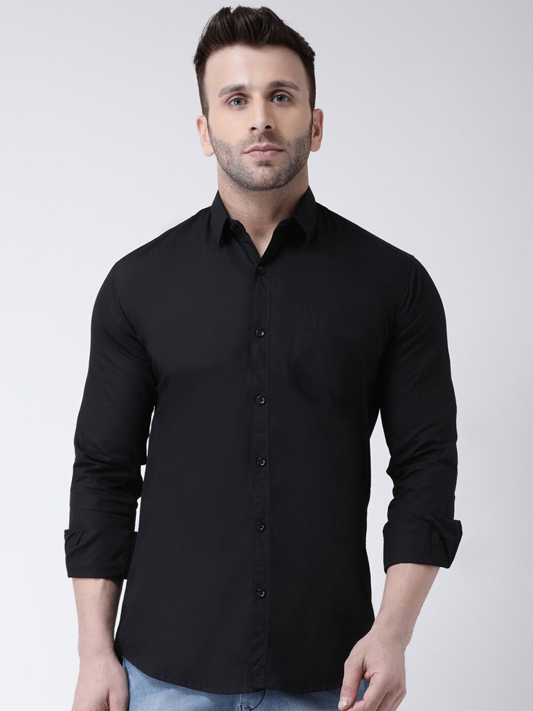 

hangup plus Spread Collar Slim Fit Pure Cotton Casual Shirt, Black