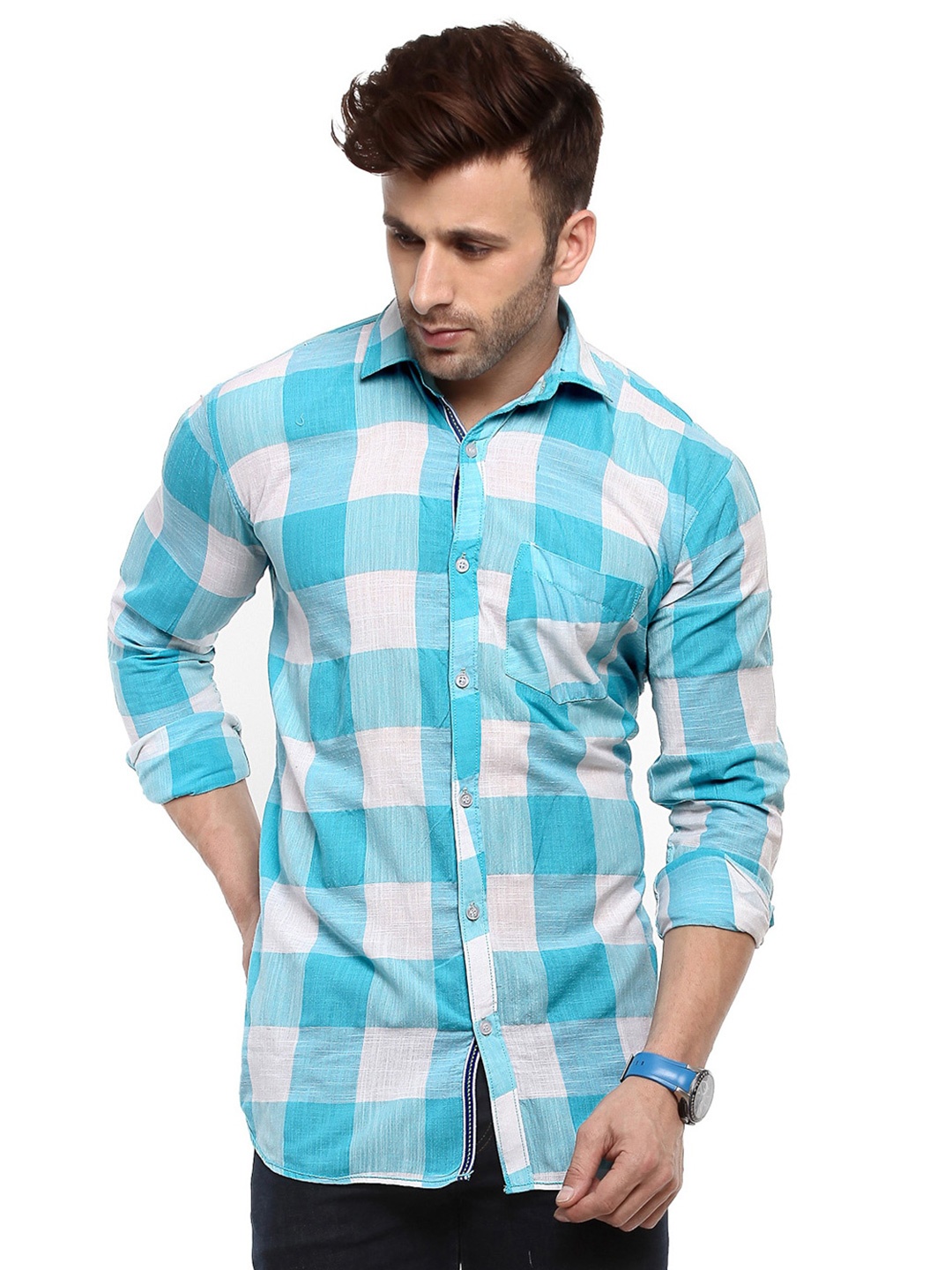 

hangup plus Long Sleeves Slim Fit Checked Casual Shirt, Blue
