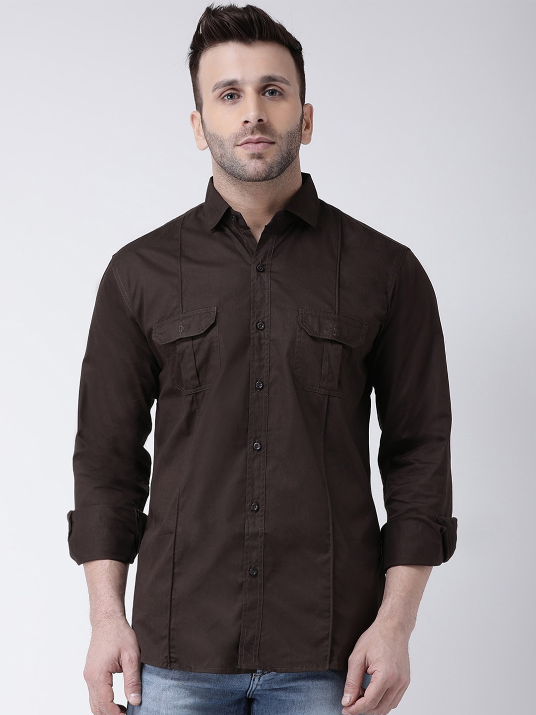 

hangup plus Slim Fit Spread Collar Cotton Casual Shirt, Brown