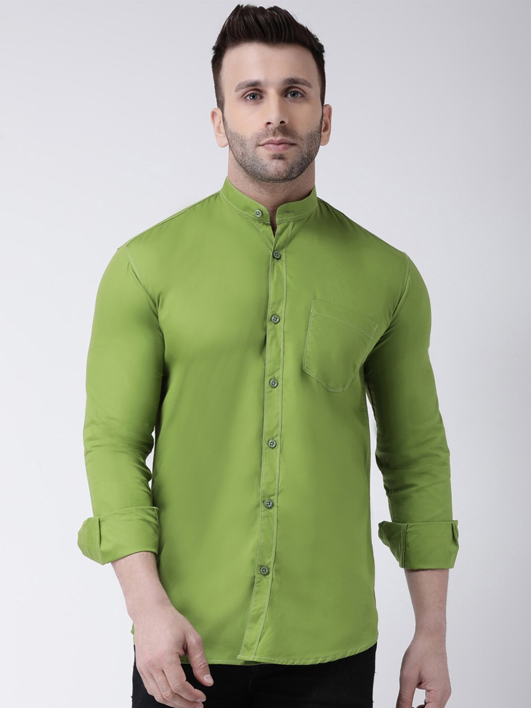 

hangup plus Mandarin Collar Slim Fit Casual Pure Cotton Shirt, Green