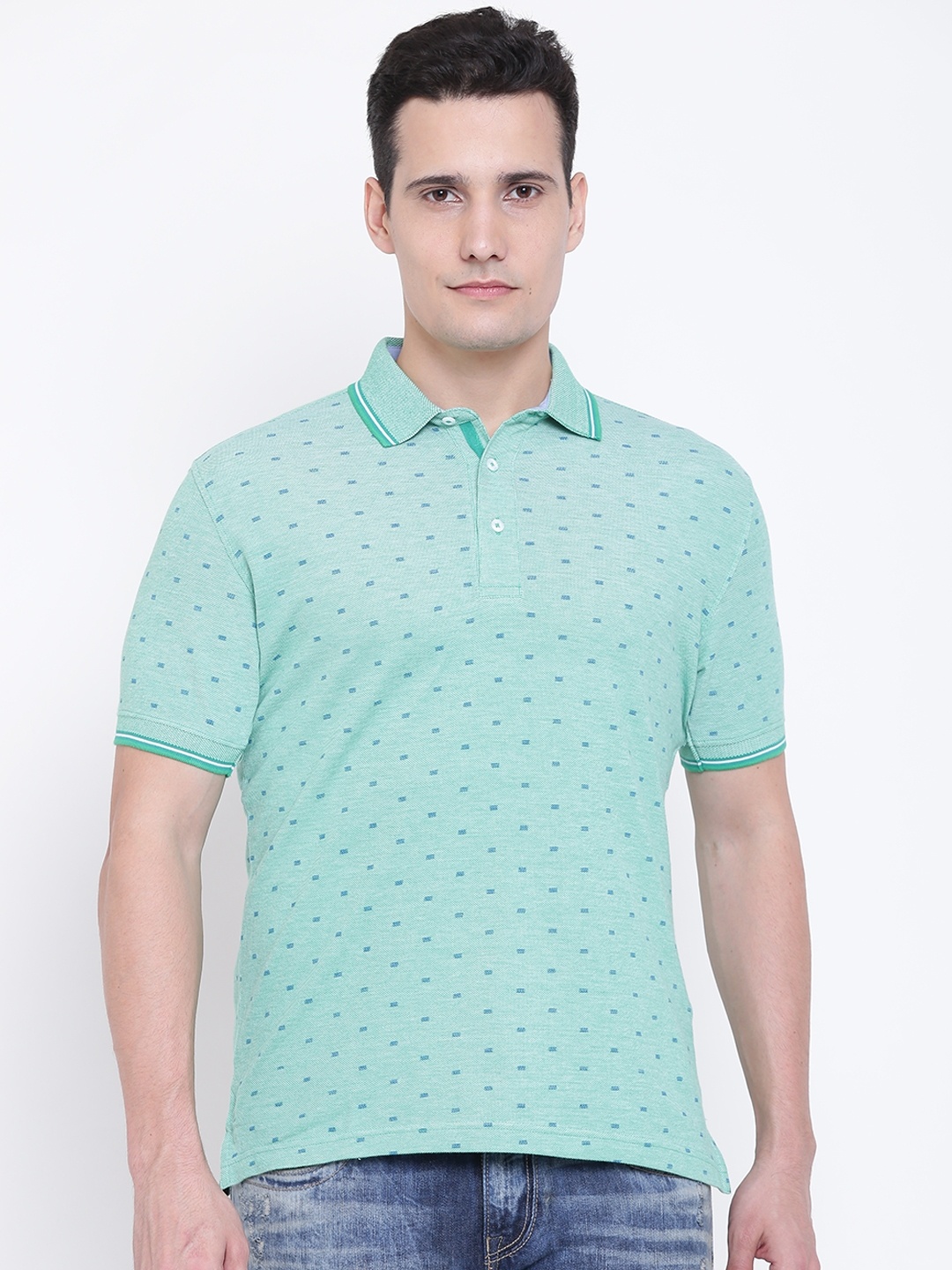 

Wills Lifestyle Men Green Self-Design Polo Collar T-shirt