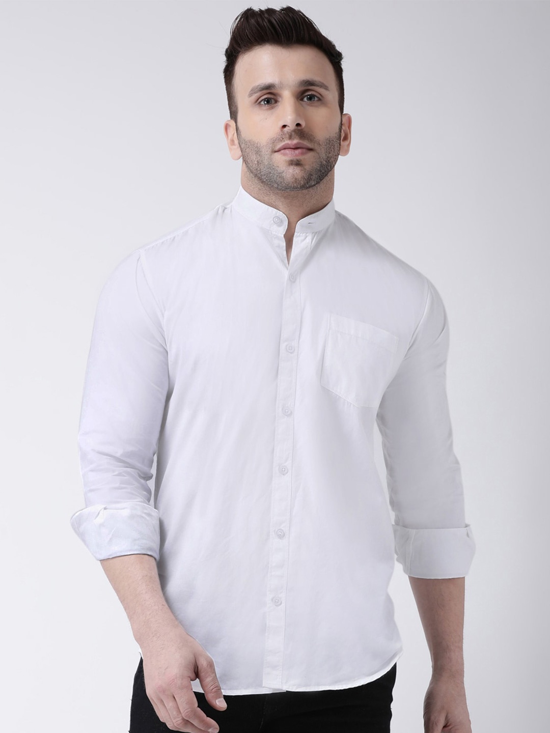 

hangup plus Slim Fit Band Collar Cotton Casual Shirt, White