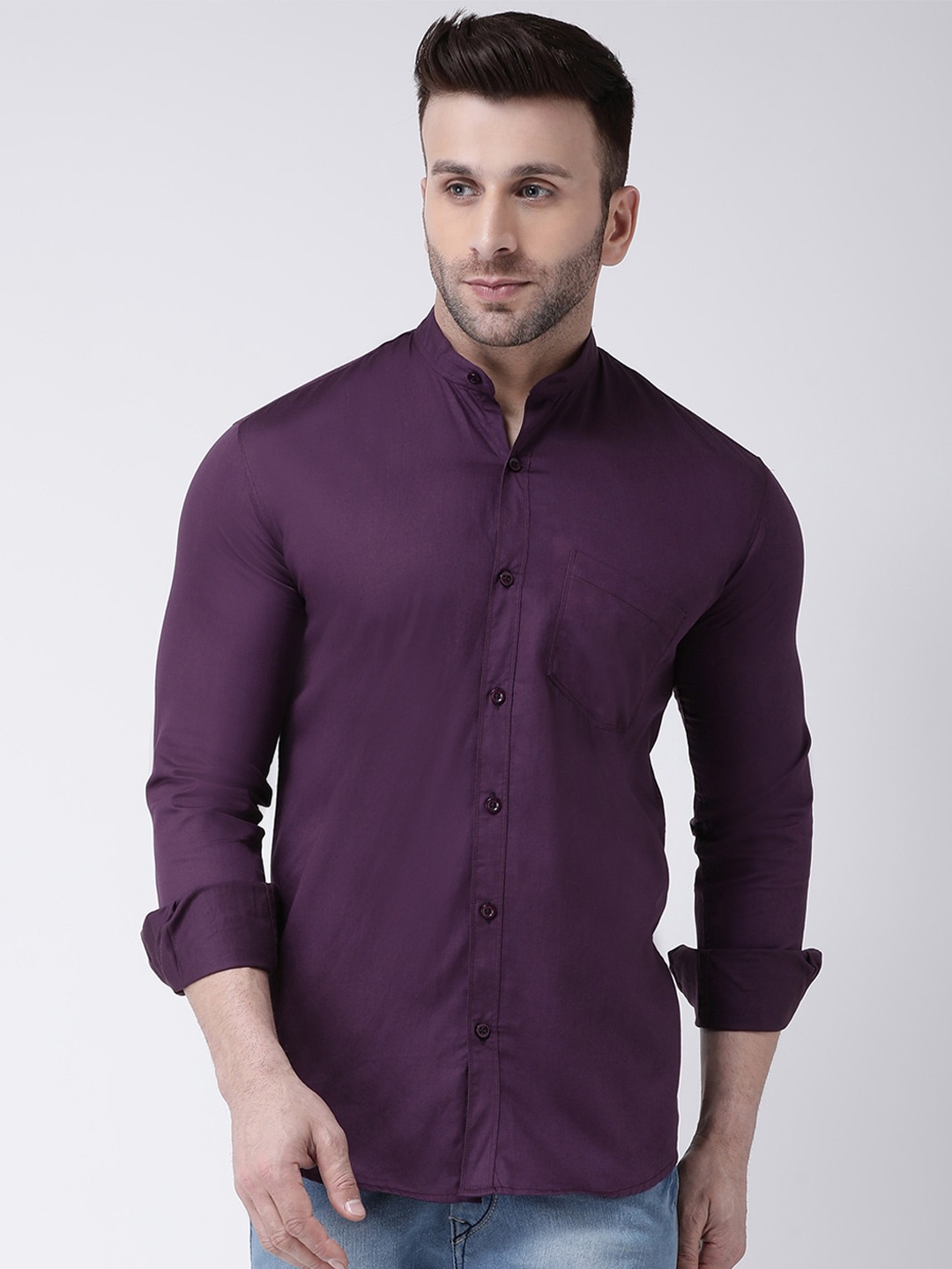 

hangup plus Slim Fit Band Collar Cotton Casual Shirt, Purple