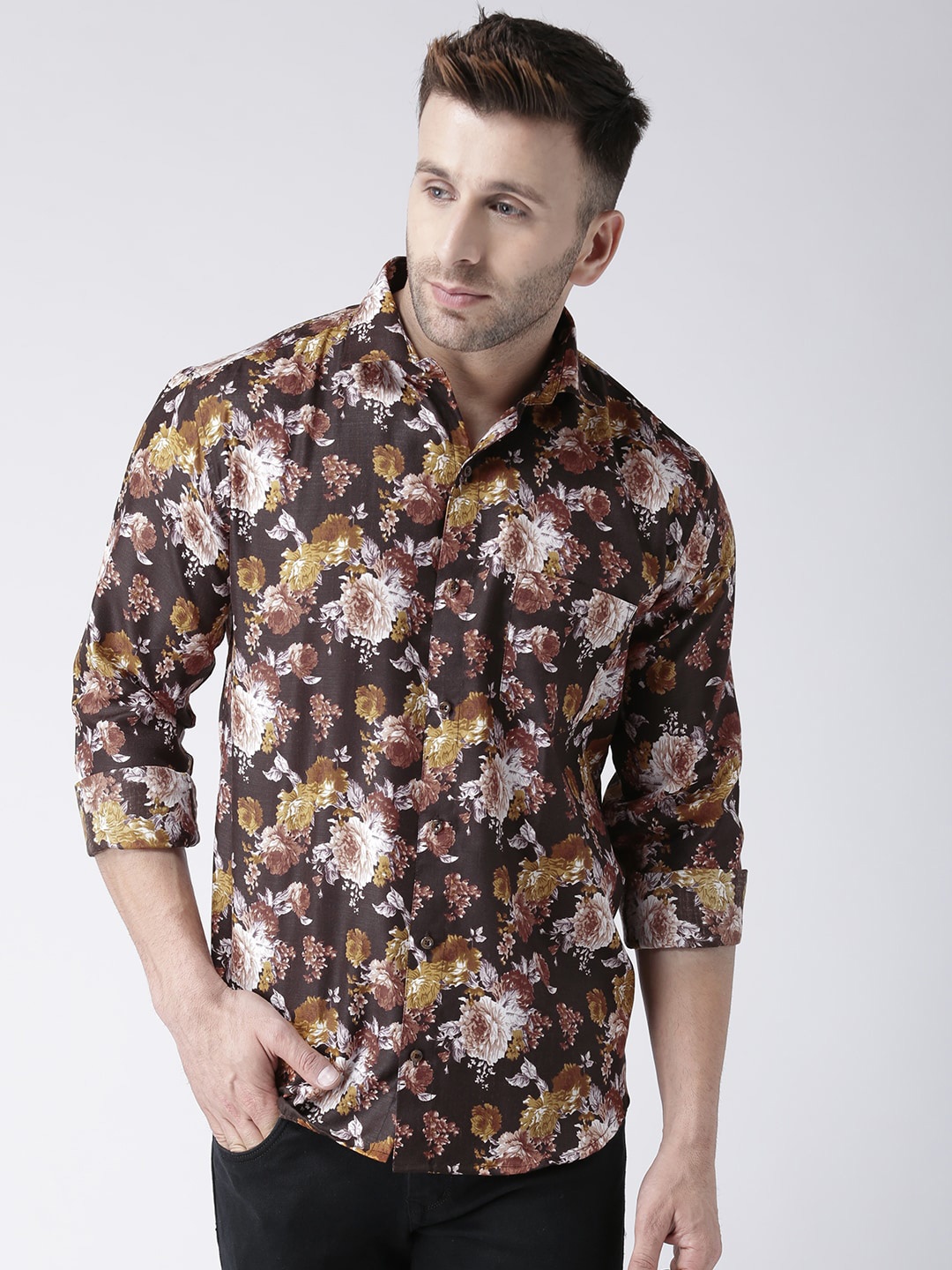 

hangup plus Slim Fit Floral Printed Casual Shirt, Brown