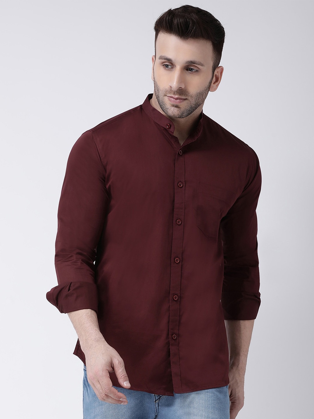 

hangup plus Slim Fit Band Collar Cotton Casual Shirt, Maroon