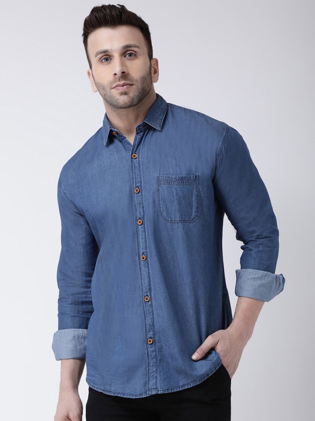 

hangup plus Slim Fit Spread Collar Denim Casual Shirt, Blue