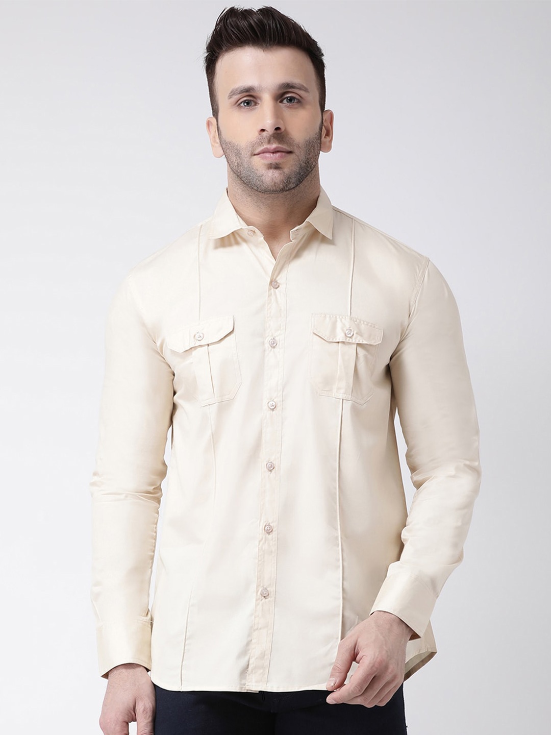 

hangup plus Slim Fit Spread Collar Cotton Casual Shirt, Cream