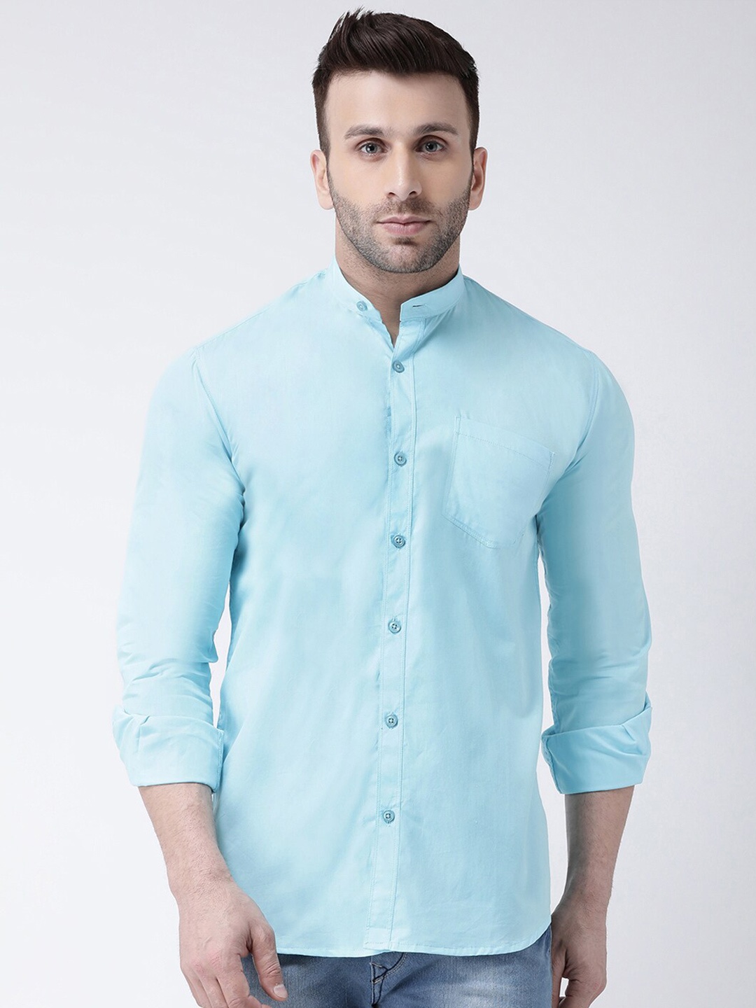 

hangup plus Slim Fit Band Collar Cotton Casual Shirt, Blue