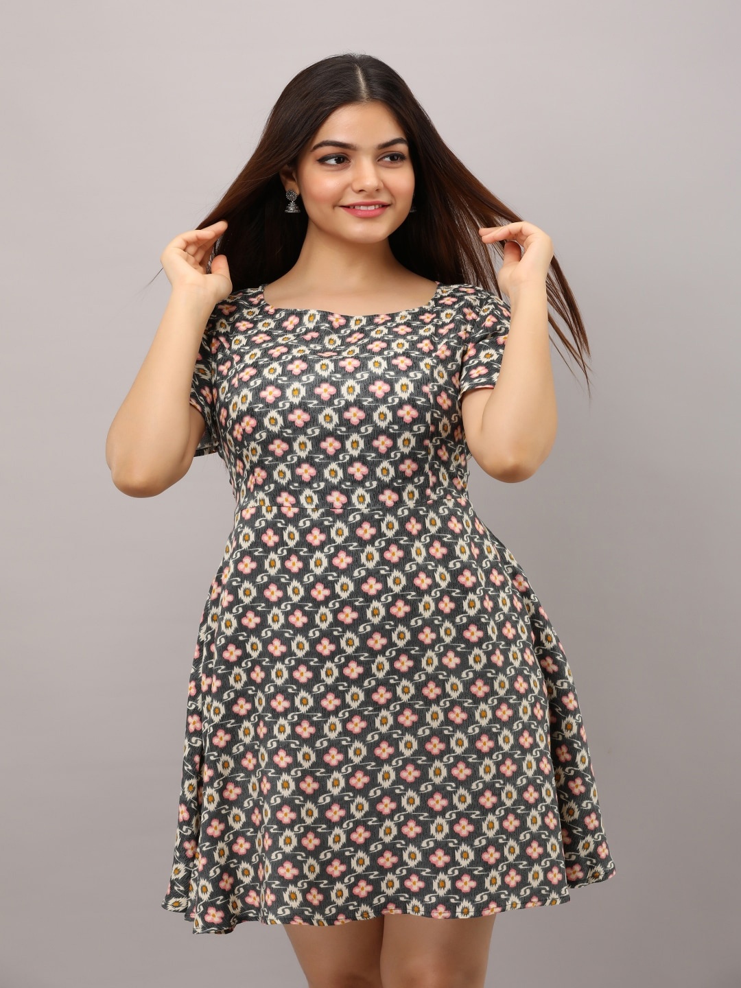 

KALINI Floral Printed Fit & Flare Dress, Grey