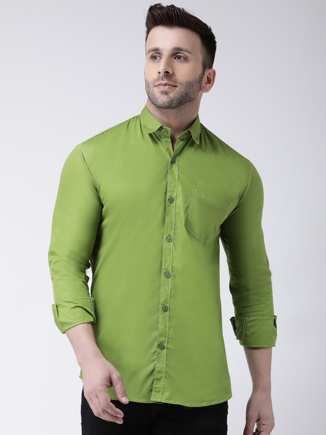 

hangup trend Slim Fit Spread Collar Cotton Casual Shirt, Green