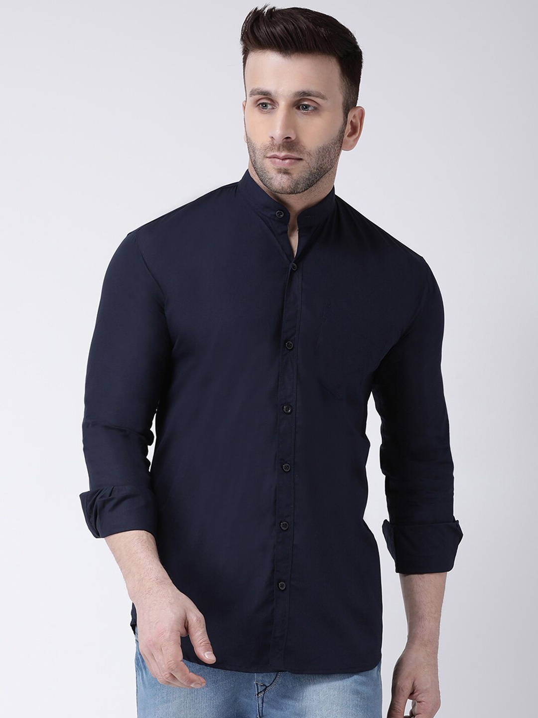 

hangup trend Mandarin Collar Slim Fit Casual Cotton Shirt, Navy blue