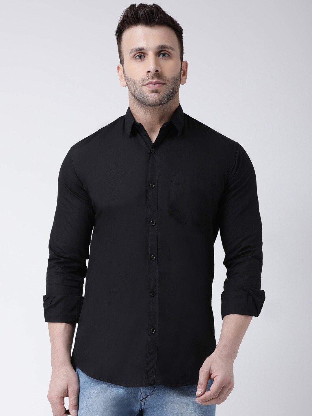 

hangup trend Slim Fit Spread Collar Cotton Casual Shirt, Black