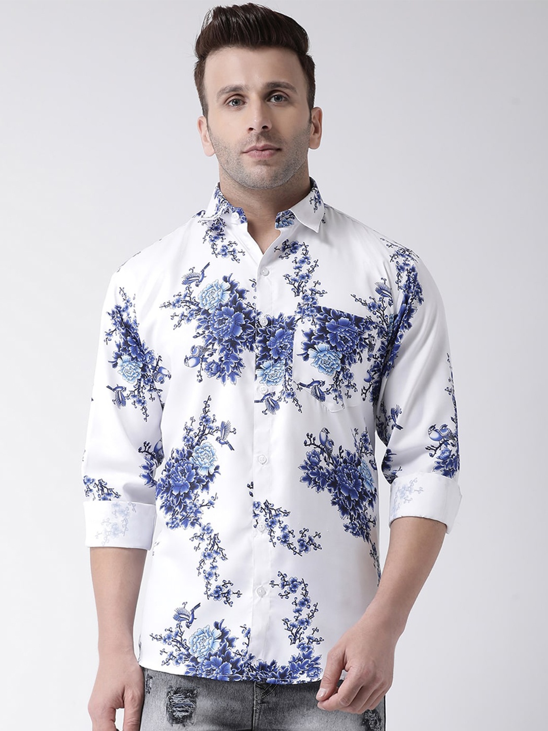 

hangup trend Patch Pocket Slim Fit Floral Printed Casual Shirt, White