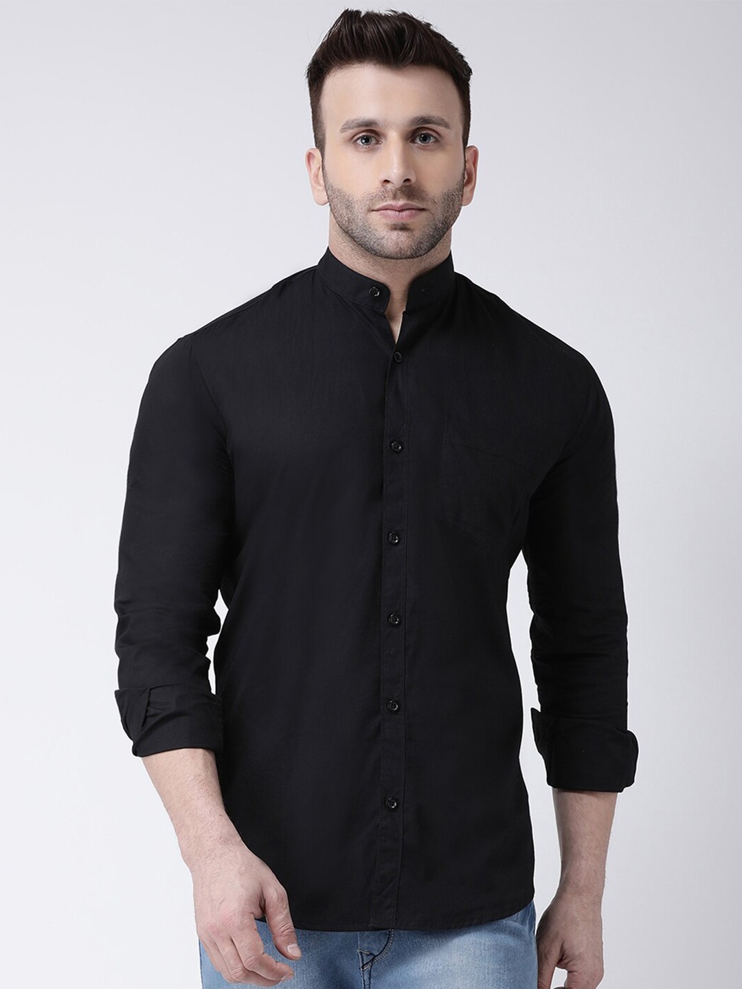 

hangup trend Slim Fit Band Collar Cotton Casual Shirt, Black
