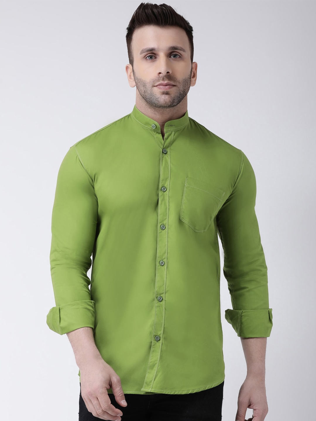 

hangup trend Slim Fit Mandarin Collar Casual Pure Cotton Shirt, Green