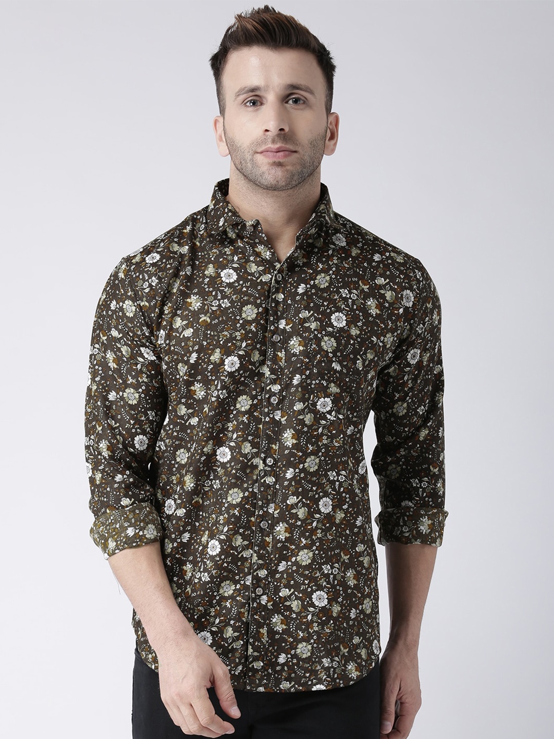 

hangup trend Slim Fit Floral Printed Casual Shirt, Coffee brown
