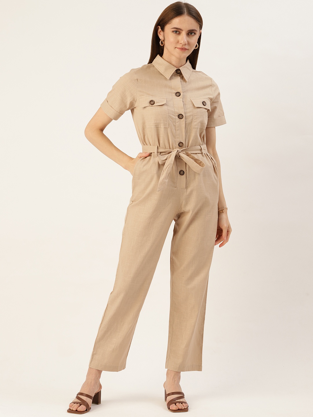 

Madame Shirt Collar Waist Tie-Up Pure Cotton Basic Jumpsuit, Beige