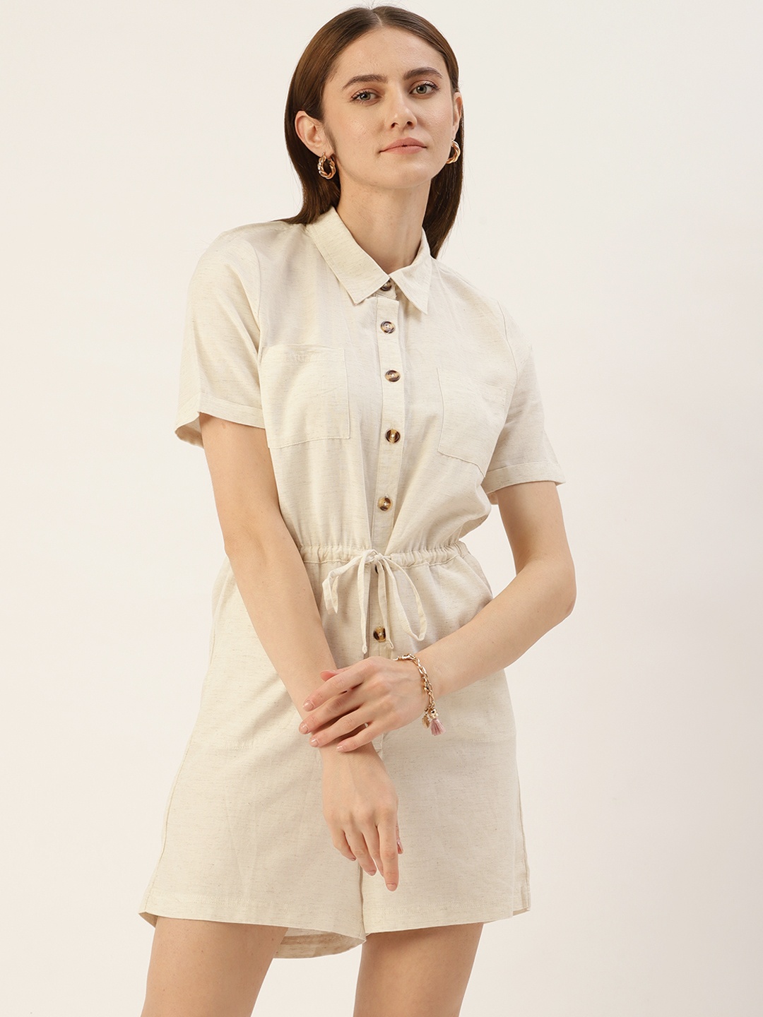 

Madame Shirt Collar Waist Tie-Up Playsuit, Off white