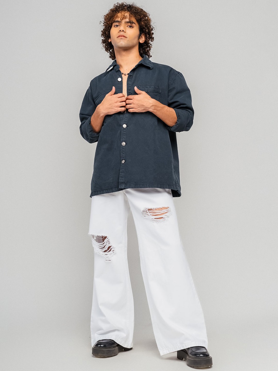 

FREAKINS Men Wide Leg High-Rise Mildly Distressed Jeans, White