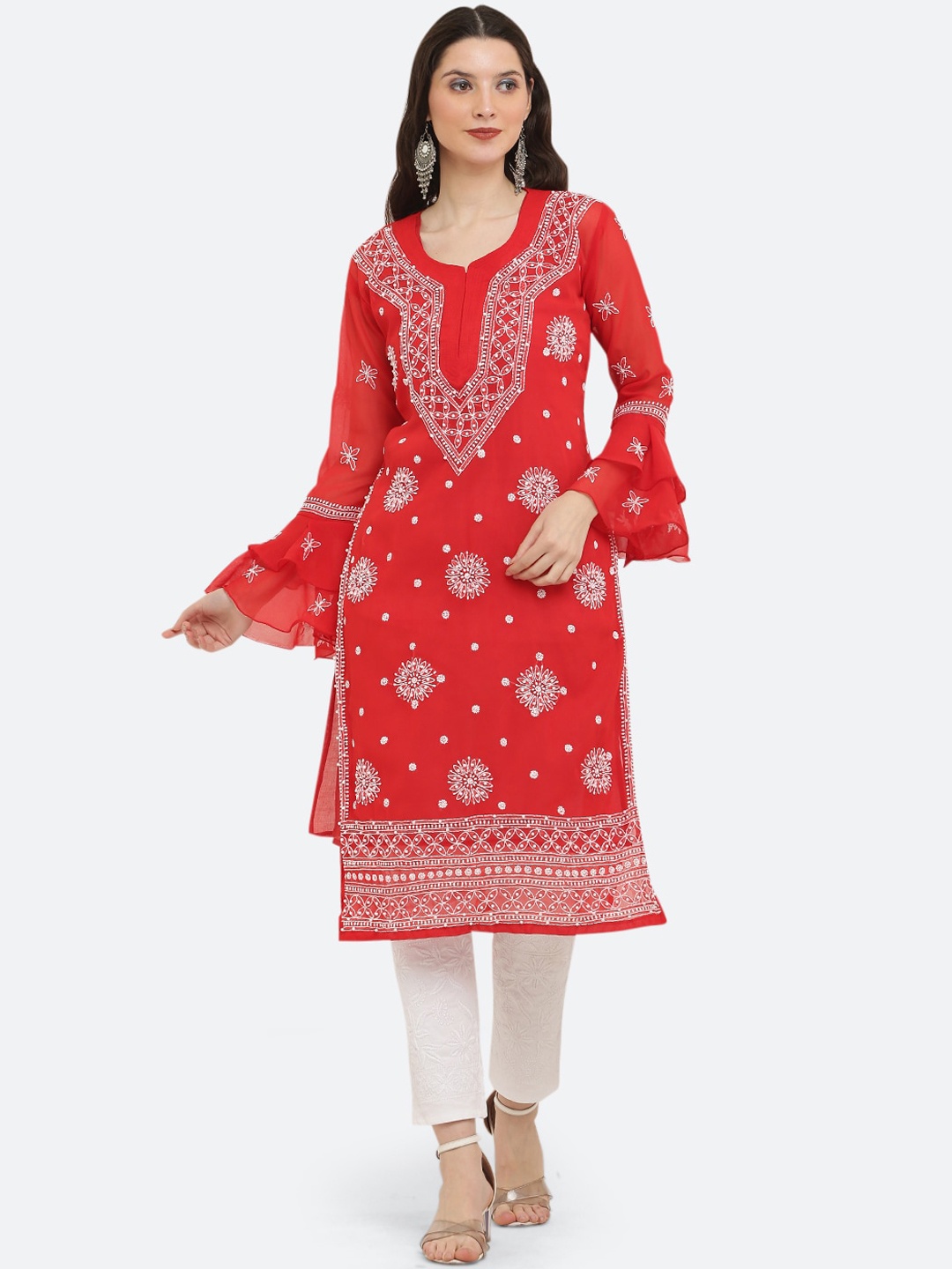 

FAWOMENT Women Ethnic Motifs Embroidered Chikankari Bell Sleeves Georgette Kurta, Red