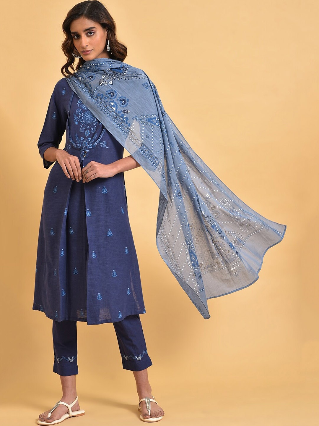 

W Ethnic Motifs Printed Cotton Straight Kurta, Blue