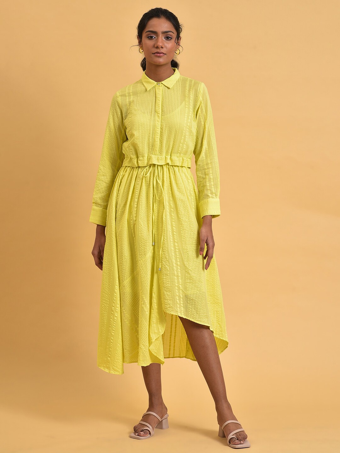 

W Cuffed Sleeve Shirt Midi Cotton Dress, Yellow