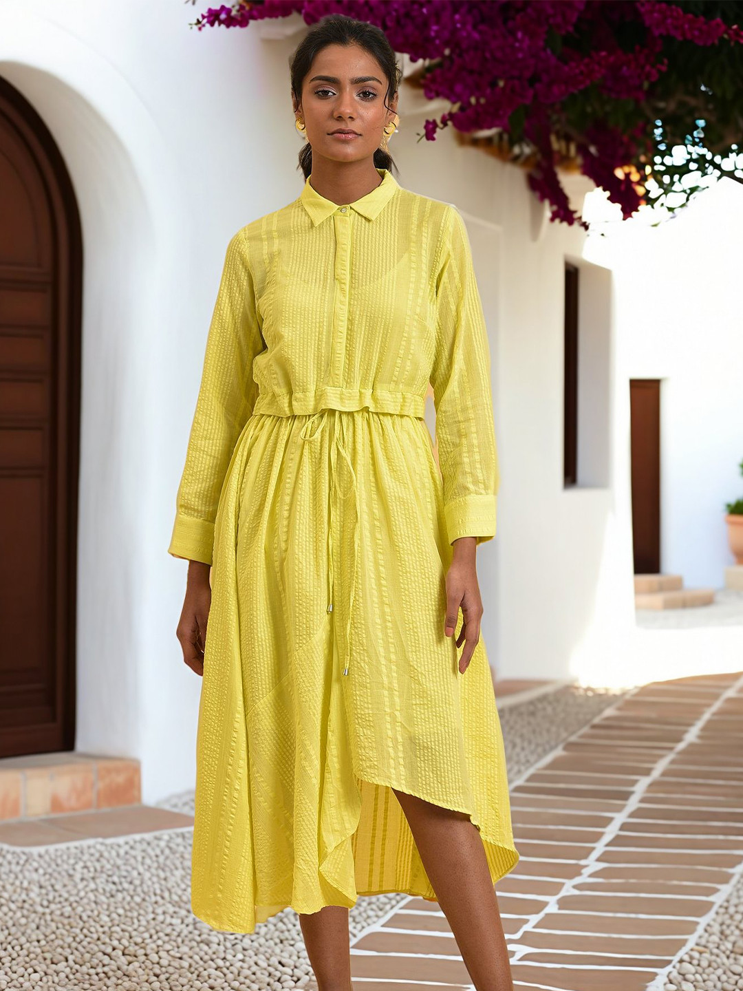 W Cuffed Sleeve Shirt Midi Cotton Dress