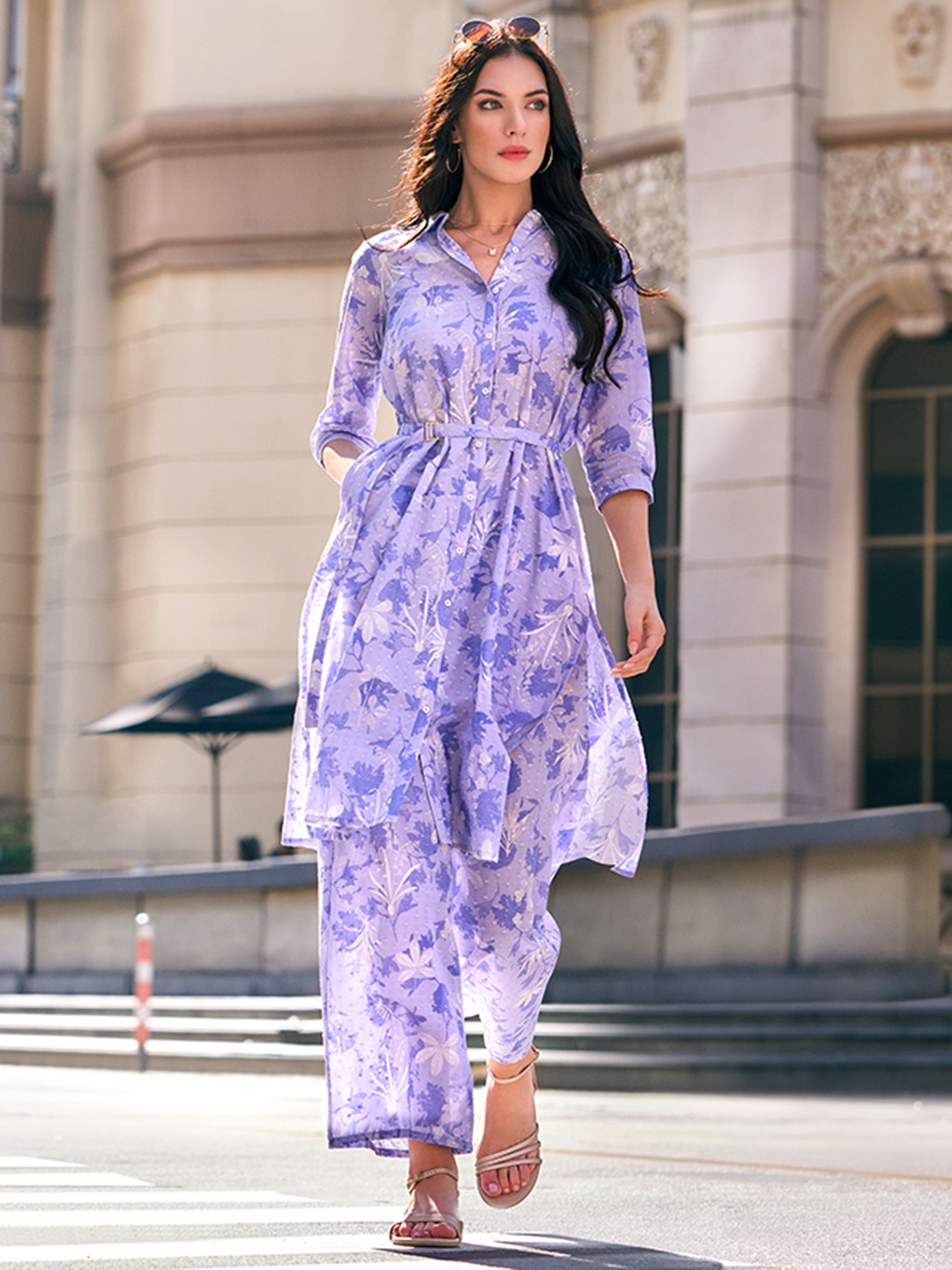 

W Floral Printed Pure Cotton Kurta with Palazzos, Lavender