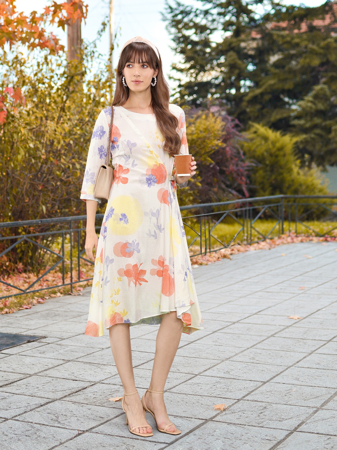 

W Women Floral Printed Wrap Midi Dress, White