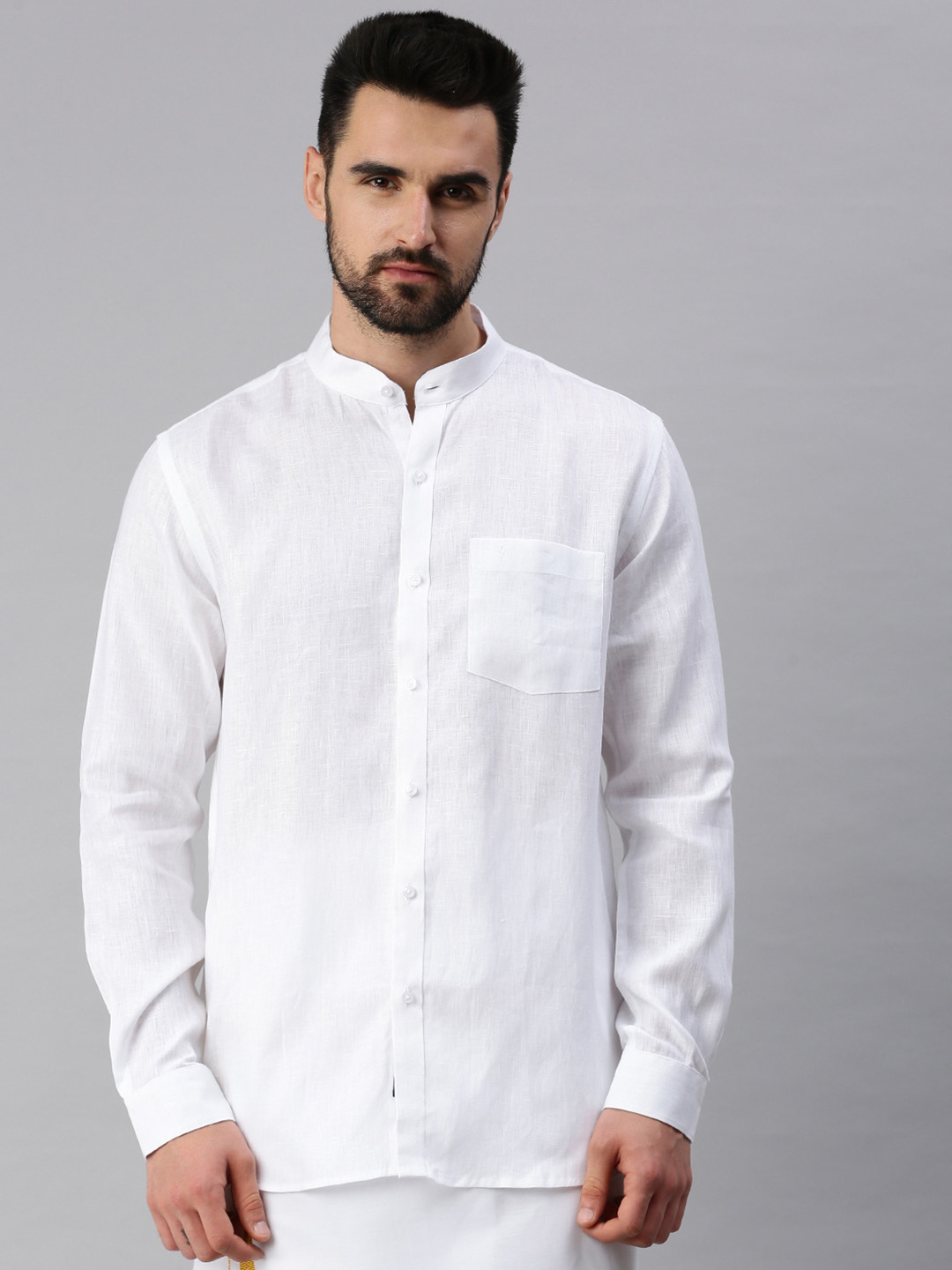 

Ramraj Men Regular Fit Mandarin Collar Casual Linen Shirt, White