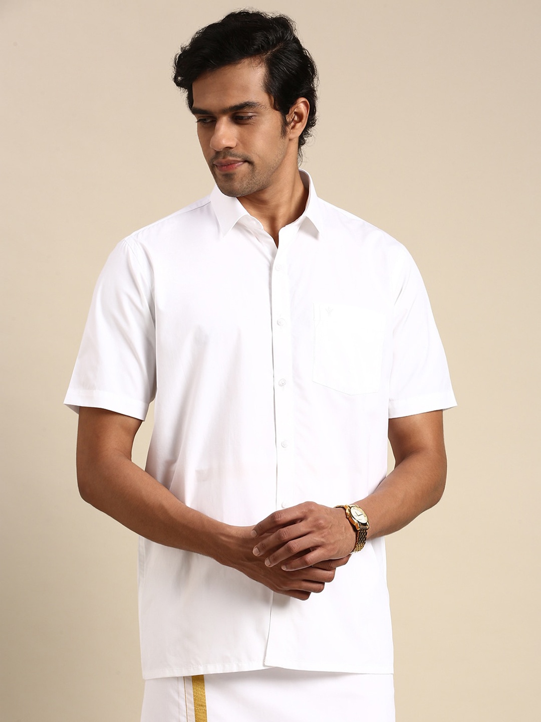 

Ramraj Short Sleeve Patch Pocket Casual Cotton Shirt, White
