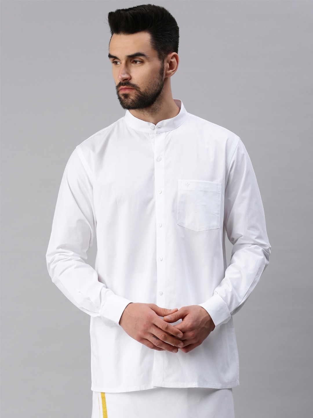 

Ramraj Mandarin Collar Formal Cotton Shirt, White
