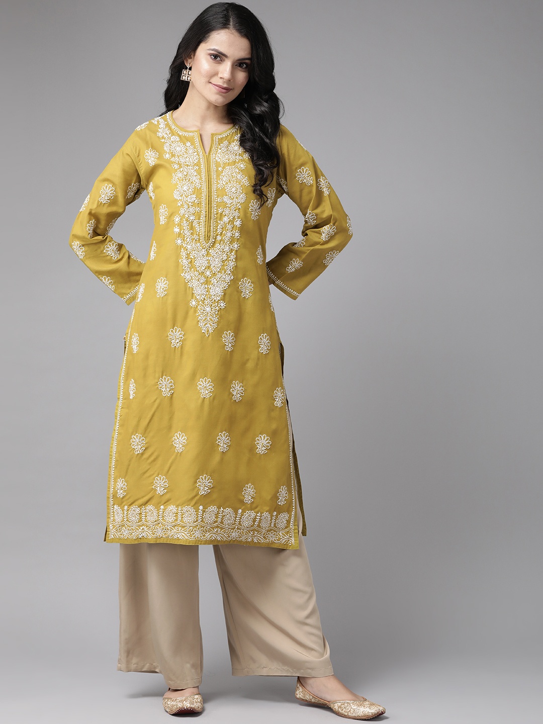

ADA Chikankari Embroidered Sustainable Cotton Kurta, Green