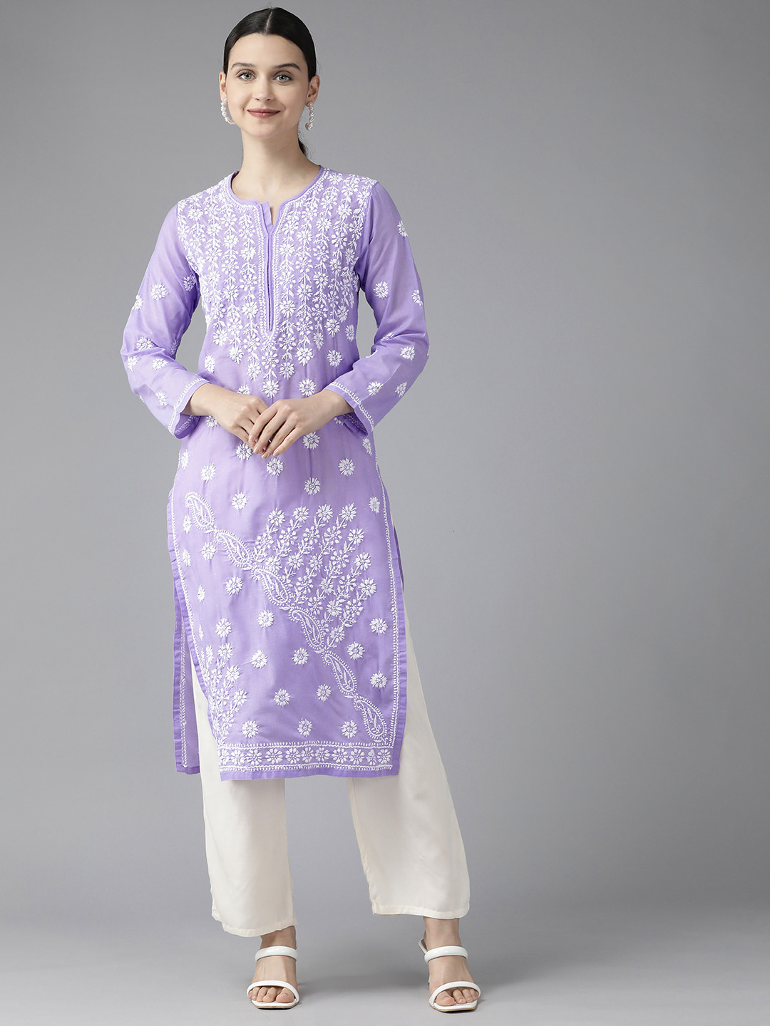 

ADA Chikankari Embroidered Sustainable Cotton Kurta, Purple