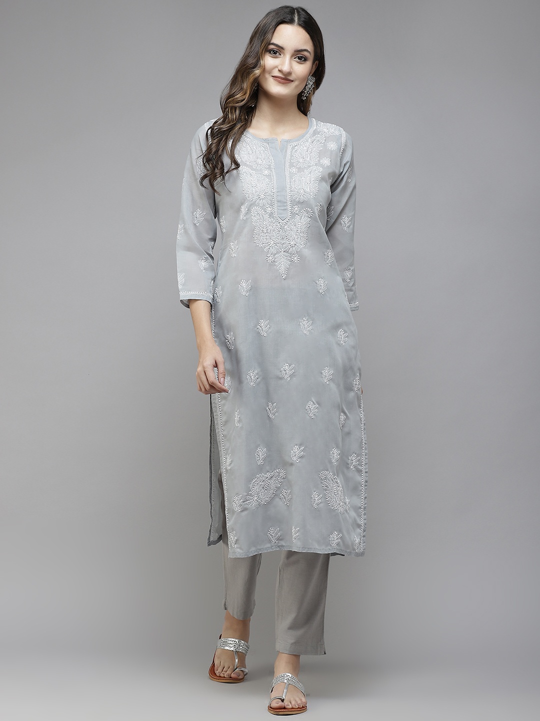 

ADA Hand Chikankari Embroidered Sustainable Cotton Kurta, Grey