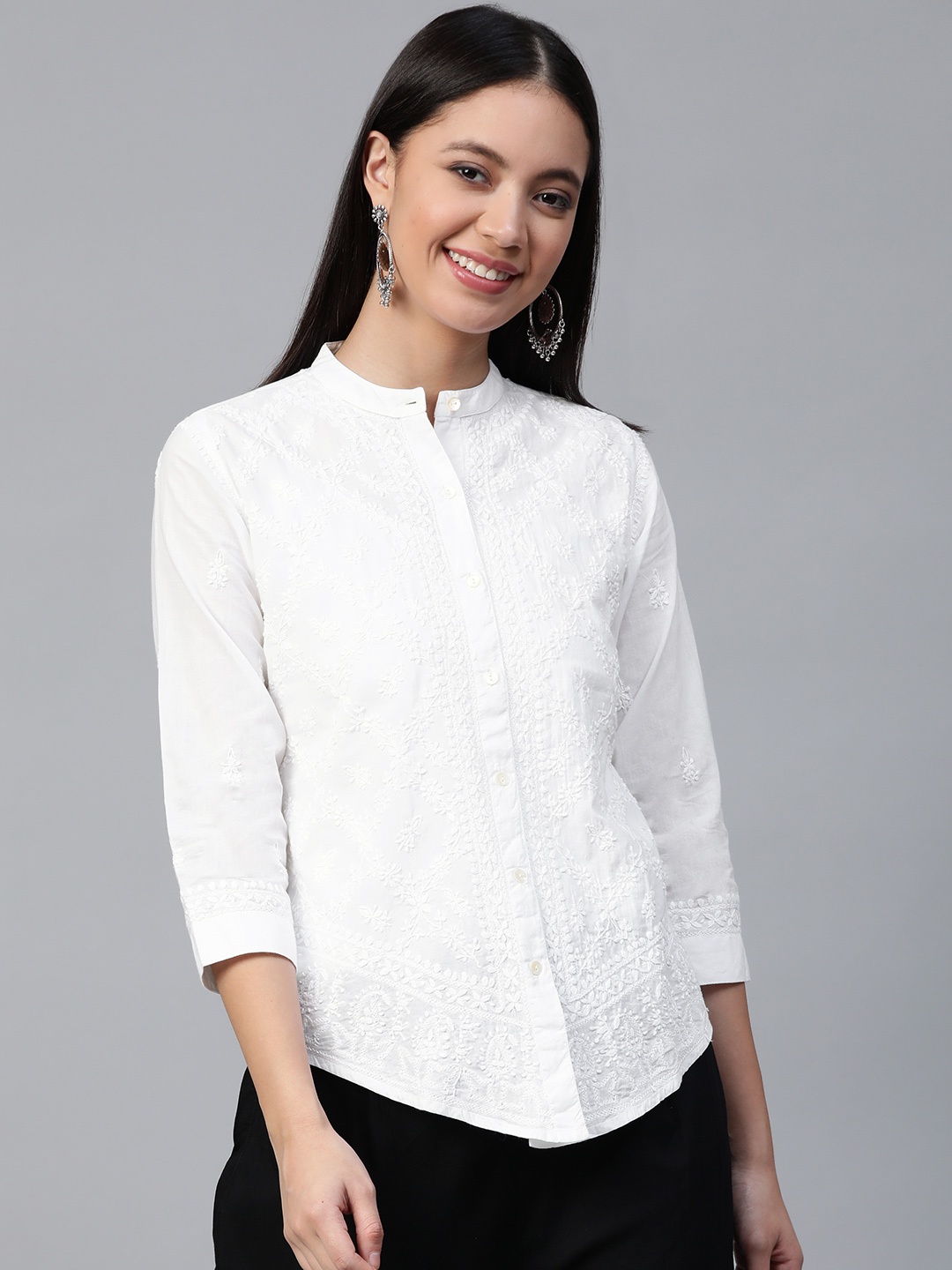 

ADA Chikankari Embroidered Pure Cotton Straight Kurti, White