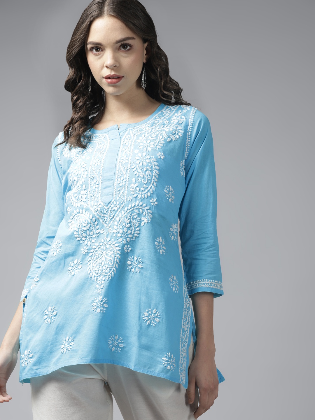 

ADA Ethnic Motifs Embroidered Chikankari Kurti, Blue