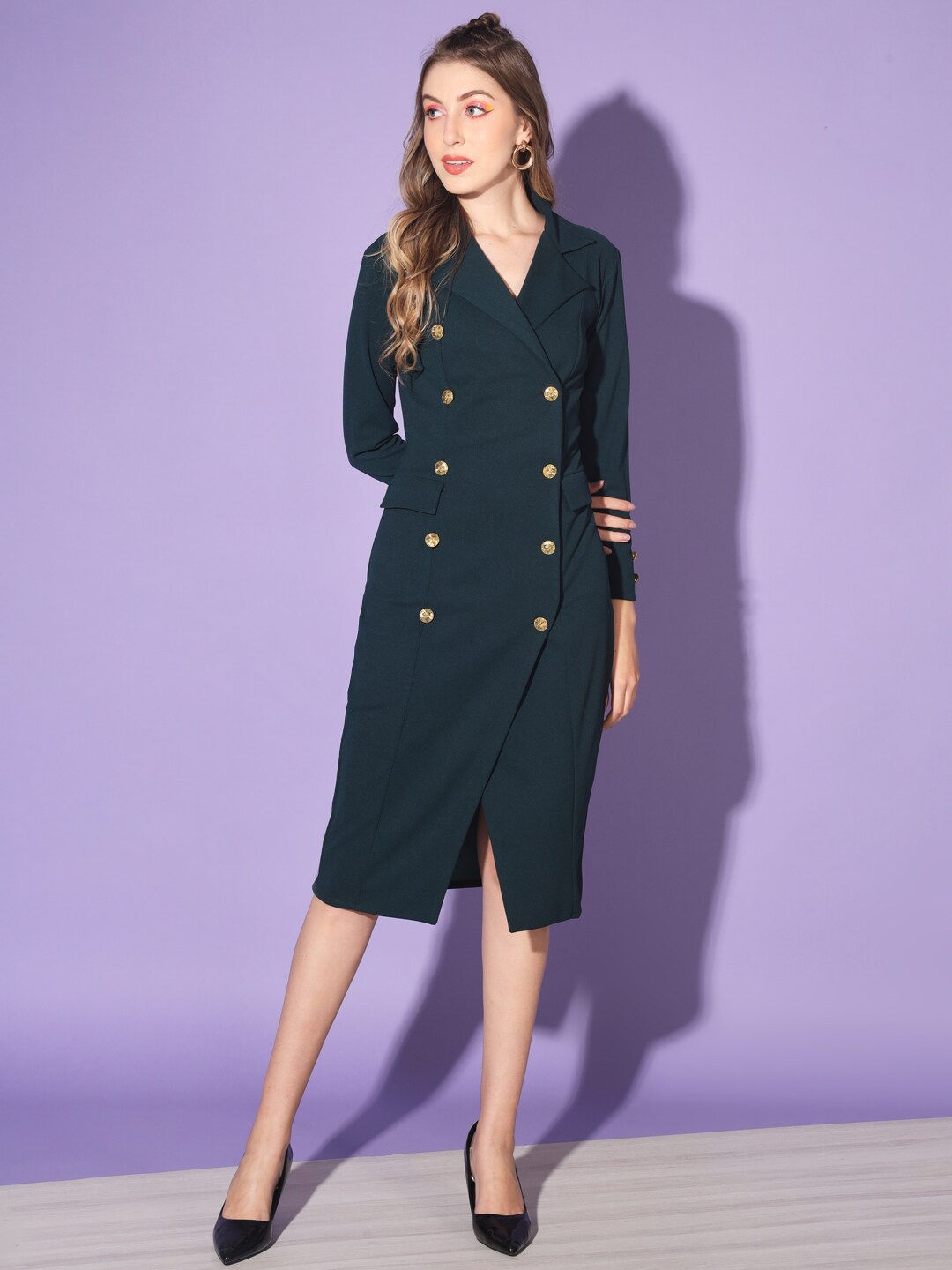 

WoowZerz Lapel Collar Long Sleeves Blazer Dress, Green