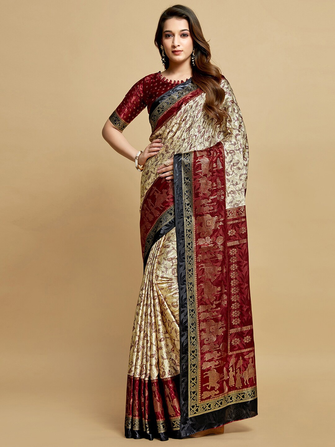 

Mitera Ethnic Motifs Printed Satin Saree, Cream